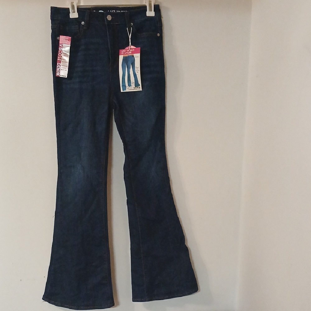 S.O.N.G Women's Dark Blue Jeans Lace-Up Back Fit N Flare Size 7/28